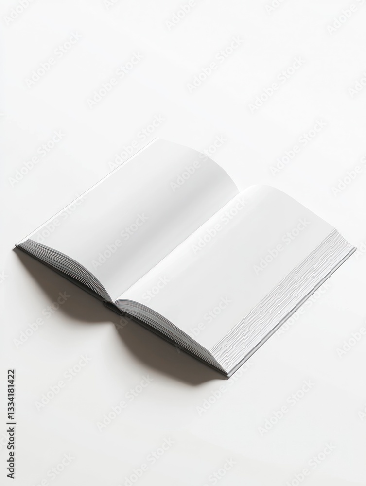 Open Blank Book with White Pages on White Surface Mockup Open Blank Book with White Pages on White Surface Mockup