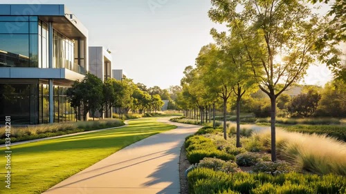 Modern Office Building with Glass Facade, Tree-Lined Walkway, and Green Landscaping in a Corporate Business Park