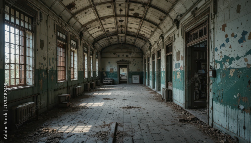 Empty Hallway in Abandoned Building with Dusty Old Floorboards