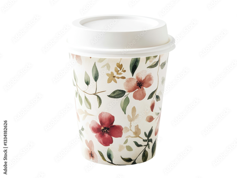 Isolated Floral Patterned Paper Cup with White Lid for Hot Drinks Isolated Floral Patterned Paper Cup with White Lid for Hot Drinks