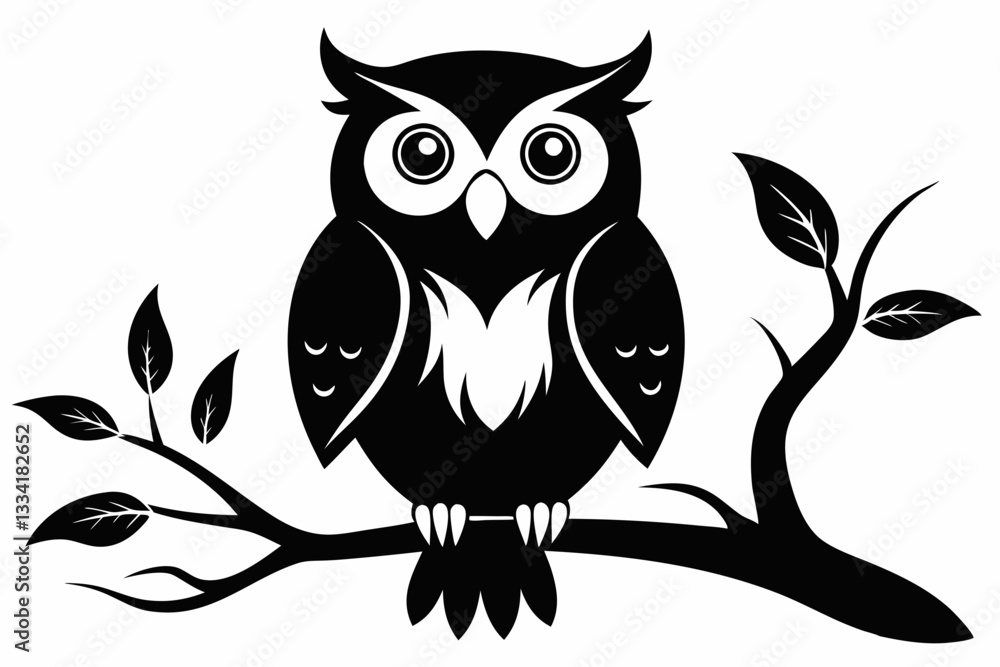 Fototapeta premium owl sitting on a tree branch line art silhouette vector illustration