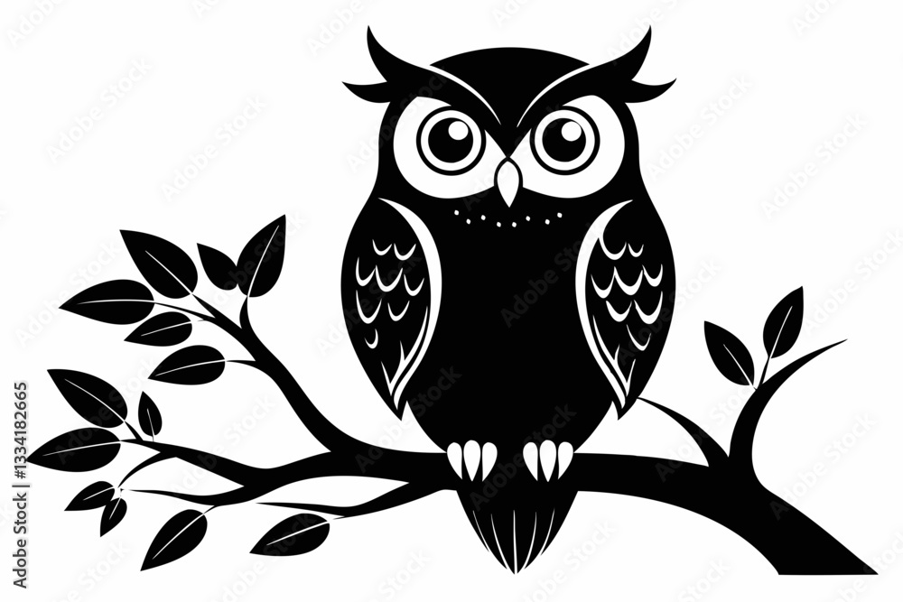 Fototapeta premium owl sitting on a tree branch line art silhouette vector illustration