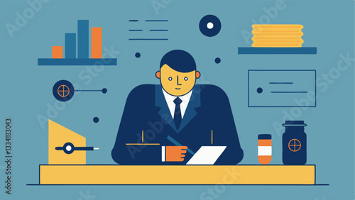 Report Preparation A forensic scientist sitting at a desk with reports and evidence laid out writing a detailed analysis about bullet trajectories and firearms used in a case.