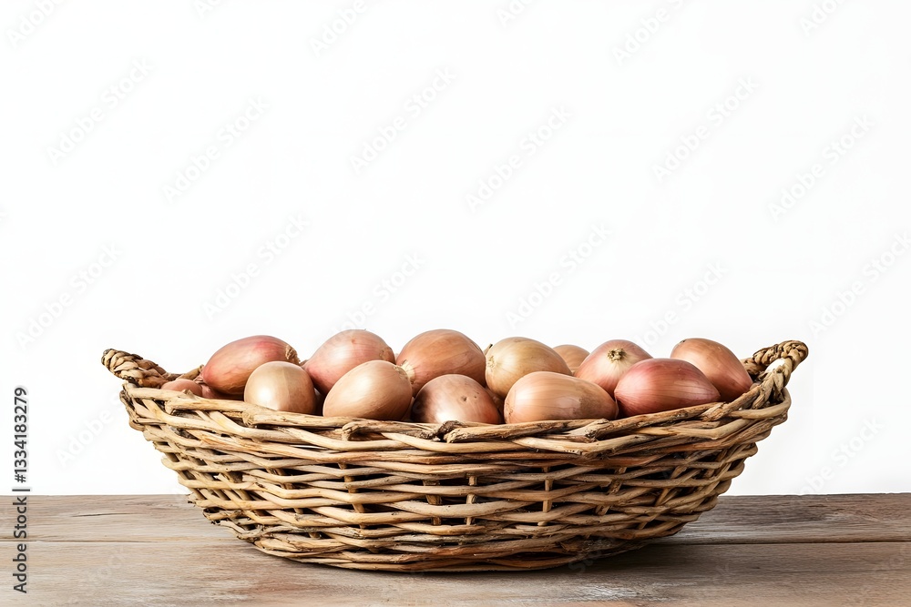 Freshly harvested onions arranged in a rustic woven basket on a wooden table against a plain background Freshly harvested onions arranged in a rustic woven basket on a wooden table against a plain background