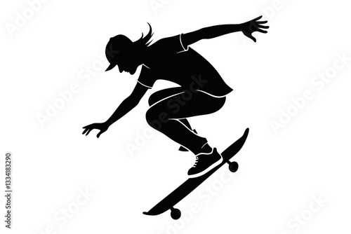 skateboarder doing a kickflip line art silhouette vector illustration