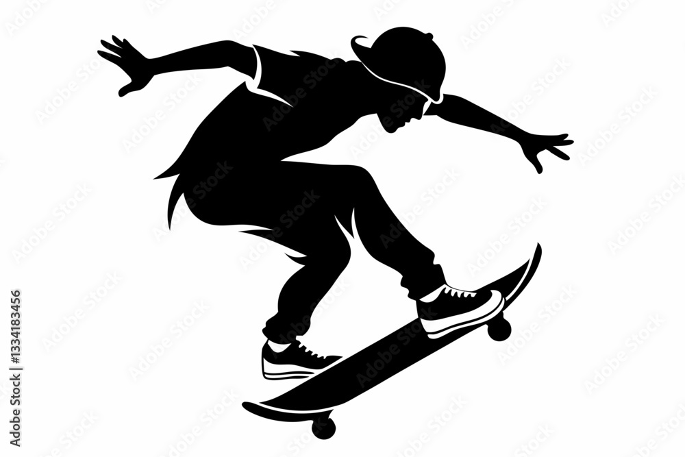 Αυτοκόλλητο skateboarder doing a kickflip line art silhouette vector illustration