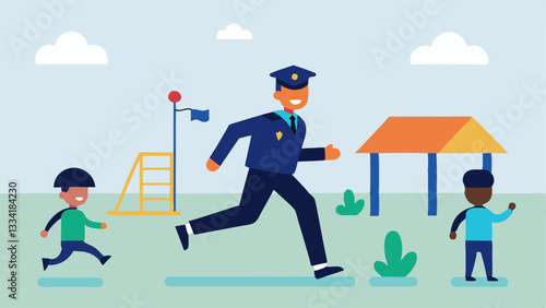 Schoolyard Escape A student running from two officer figures through a schoolyard playground equipment tered throughout the scene.
