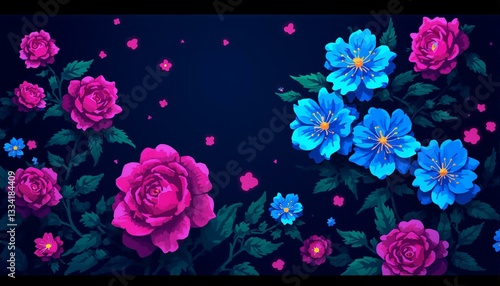 A nostalgic digital floral arrangement of pink roses and blue delphiniums amidst a dark background with vibrant glow-in-the-dark accents and pixelated glitch effects.
