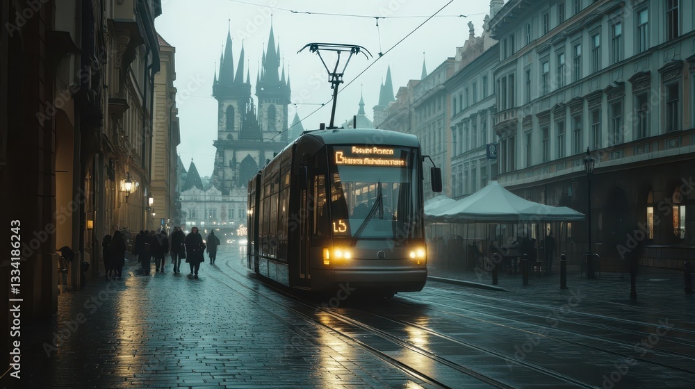 Obraz premium A tram travelling on a wet street near old architecture structures