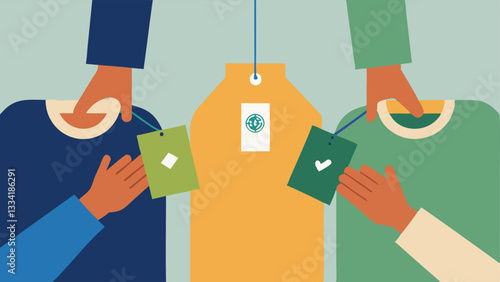 Fair Trade Labels Awareness A closeup illustration of hands placing fair trade labels on garments in a workshop setting symbolizing the importance of ethical sourcing and