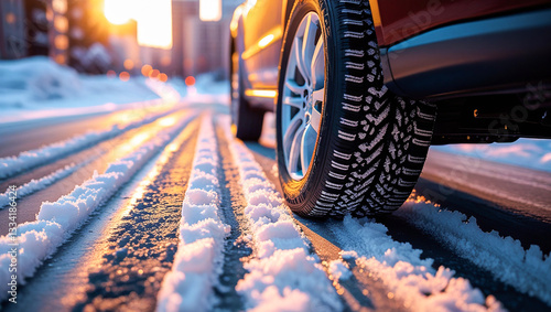 Close-up of a car tire on a snowy road at sunrise, with deep snow treads and winter conditions, highlighting vehicle safety, traction, and rugged performance in cold weather.