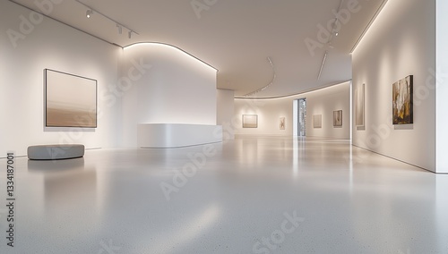 Spacious high-tech gallery with ample empty wall spaces, soft lighting and minimalist style creating a sleek exhibition atmosphere