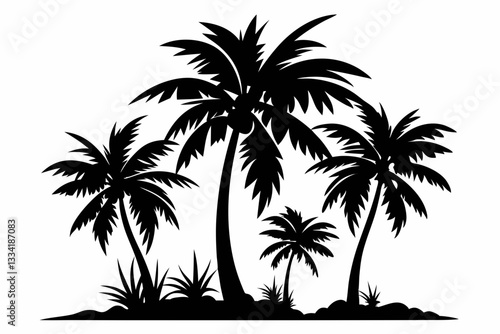 tropical palm trees with leaves line art silhouette vector illustration