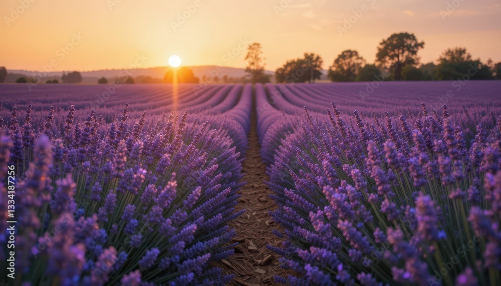 Fototapeta premium Serene Lavender Fields at Sunrise with Vibrant Colorful Skies