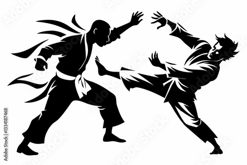 two karatekas fighting line art silhouette vector illustration