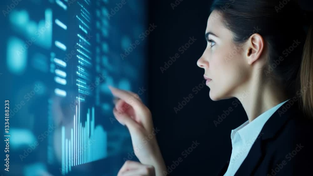 Businesswoman Engages with Interactive Digital Screen Showcasing Data, Graphs, and Analytics in Modern Office Environment, Highlighting Technology and Analysis
