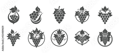Black silhouette grapevine vector icons featuring decorative leaves and tendrils, suitable for winery logos, labels, menus, and other design applications.

