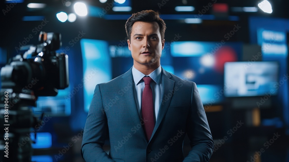 News Anchor in Television Studio, Broadcasting Live News Anchor in Television Studio, Broadcasting Live