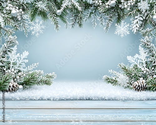 Festive Holiday Winter Decoration Displayed On Light Blue Wood