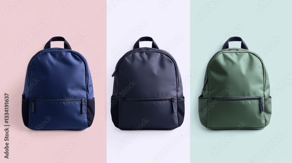 Fototapeta premium Backpack Collection Displaying Different Colors with Minimalist Background for Everyday Use