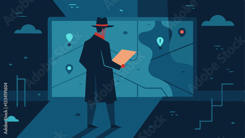 Retracing Steps An illustration of the detective standing in a dimly lit room looking at a large map with marked locations related to the case.