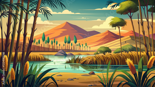 Upper Nile landscape with thicket of papyrus and reeds, vintage illustration.