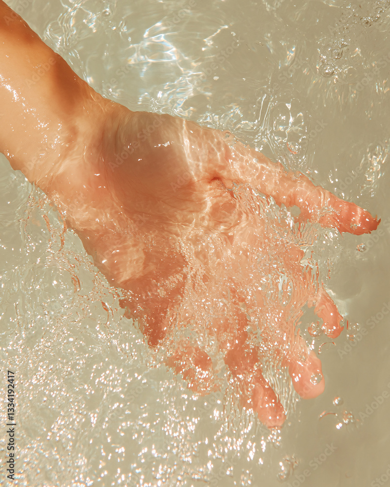 Fototapeta premium A hand reaches down to touch the calm, clear surface of the water. Sunlight creates ripples and reflections on the water. The image conveys a sense of tranquility.