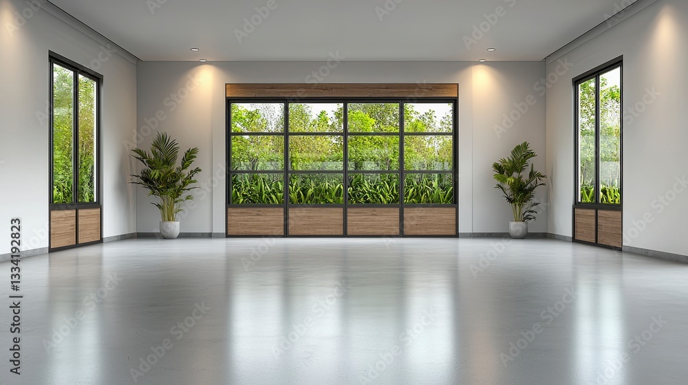 Obraz premium Bright Minimalist Room with Polished Concrete Floor and Lush Greenery View