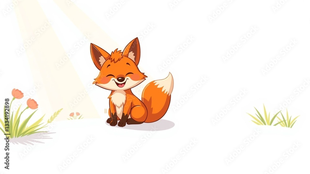 Fototapeta premium Happy cartoon fox sitting in sunlight surrounded by flowers and grass