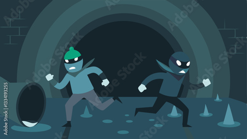 Running through the Tunnel A pair of robbers running in a dimly lit sewer tunnel splashing through water and glancing over their shoulders.