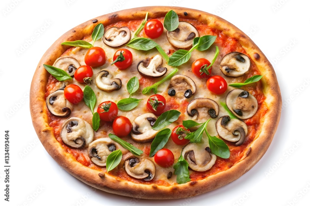 Various pizzas with salami, mushrooms, olives, and tomatoes on a baked crust with cheese and toppings Various pizzas with salami, mushrooms, olives, and tomatoes on a baked crust with cheese and toppings