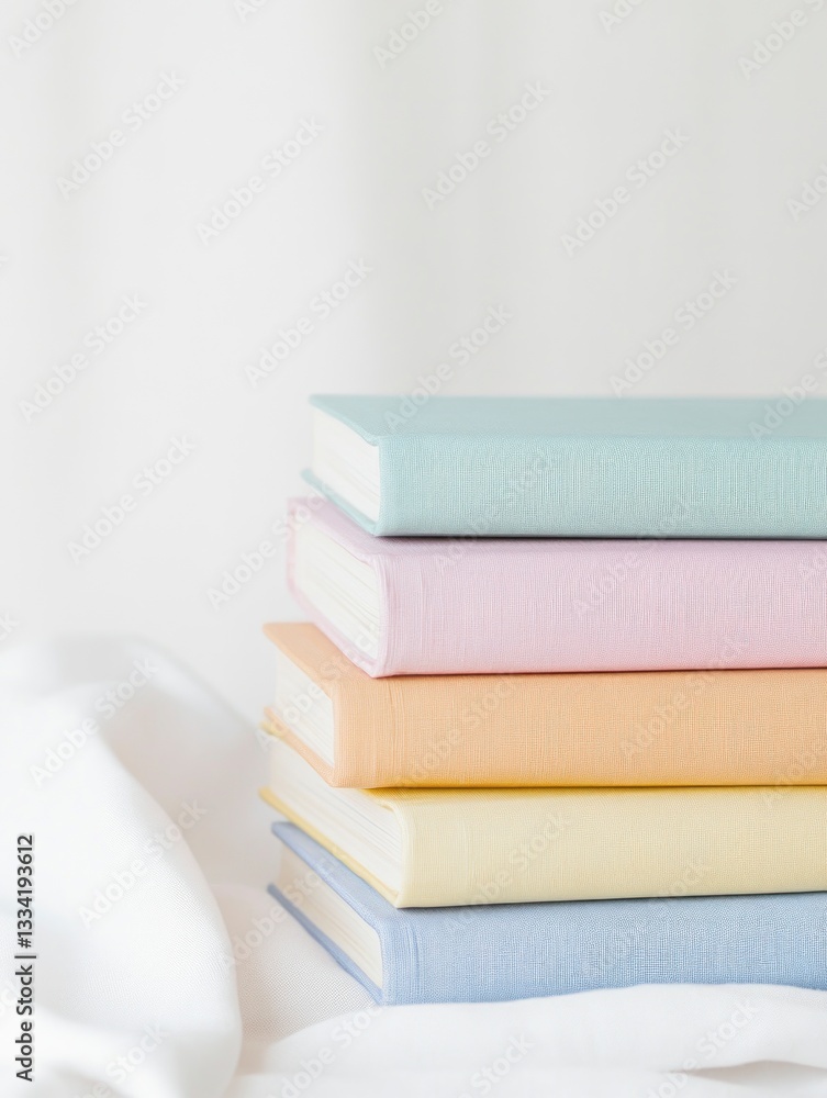 Naklejka premium Stacked Pastel Books on White Cloth Education and Learning Concept