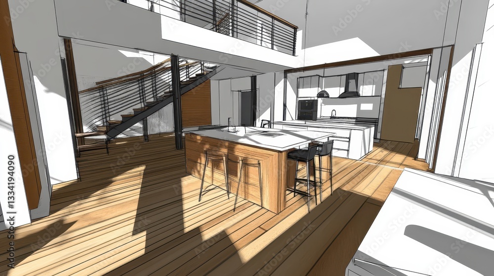 Obraz premium A modern open kitchen design with a staircase and balcony