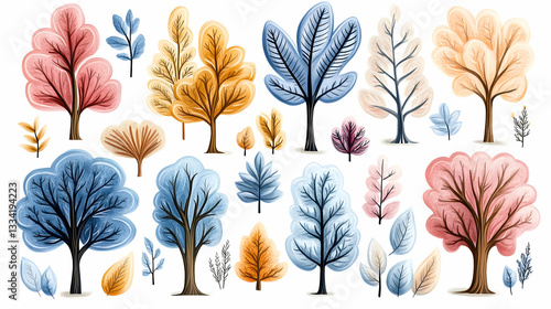 Collection of stylized trees in various autumnal and winter colors