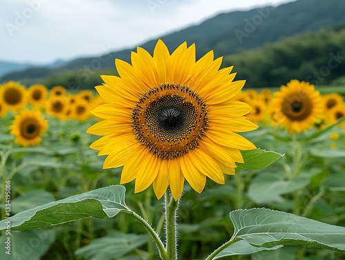 A vibrant yellow sunflower dominates a field of other similar flowers