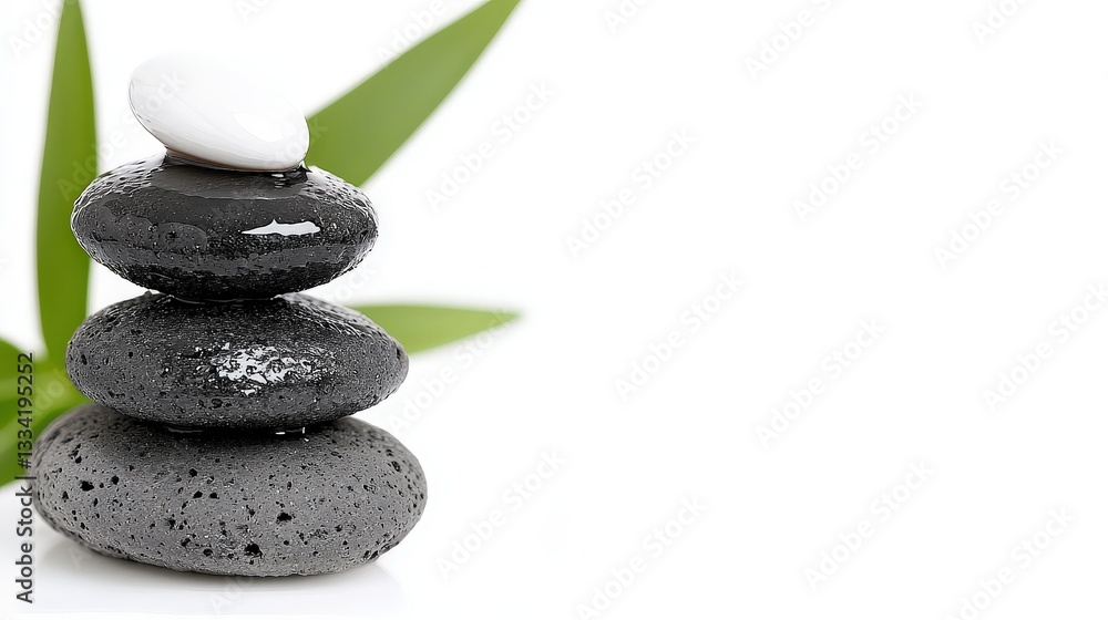 Fototapeta premium Stack of wet zen stones balancing with green leaves on white background
