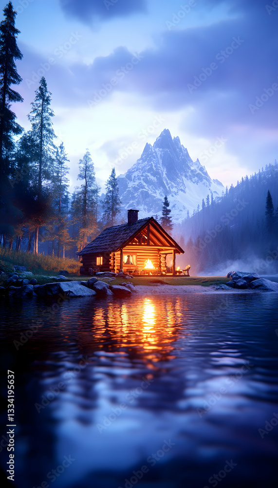 Fototapeta premium Cozy cabin by a serene lake at twilight, reflecting firelight against a majestic mountain backdrop