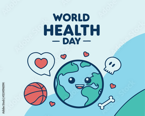 Cute Cartoon Earth for World Health Day with Heart, Basketball, and Skull