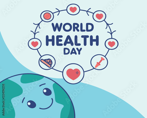 Cute Cartoon Earth for World Health Day with Heart, Basketball, and Skull