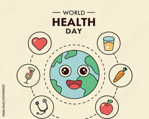 World Health Day Cartoon Earth with Healthy and Unhealthy Food Icons