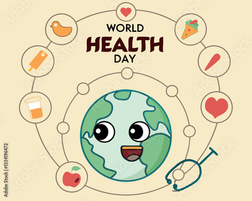 World Health Day Cartoon Earth with Healthy and Unhealthy Food Icons