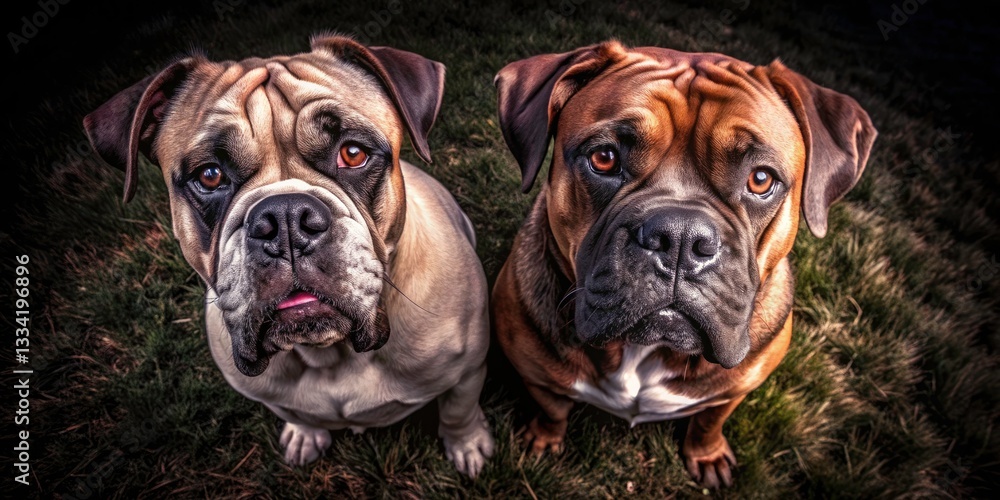 Obraz premium Aerial View Mastiff Bulldog Heads: Drone Photography, Dog Breeds, Canine Portraits, Majestic Canines
