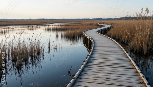 Wallpaper Mural Wooden Pathway Through Marshes at Dusk Under Clear Skies Torontodigital.ca