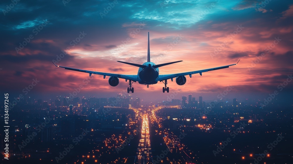 Naklejka premium Night flight over a glittering city. Vibrant hues paint the sky as an airplane prepares for takeoff. A stunning aerial view