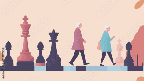 A digital illustration depicting an elderly couple walking along a path designed as a chessboard. The chess pieces are stylized and include a king, queen, and pawns in muted pink and dark gray