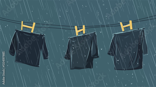 A digital illustration depicting three dark-colored garments��a long-sleeved shirt, a t-shirt, and another shirt��hanging on a clothesline outdoors in heavy rain.  The background is a dark teal or