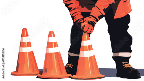 Close-up shot of a person's lower body, wearing orange work pants, dark-colored boots, and gloves, placing an orange and white striped traffic cone.  Three similar traffic cones are visible in the