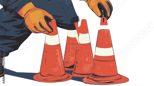 Close-up illustration depicting a person wearing dark blue pants and orange work gloves carefully placing or adjusting orange and white striped traffic cones. The cones have a wide base and taper