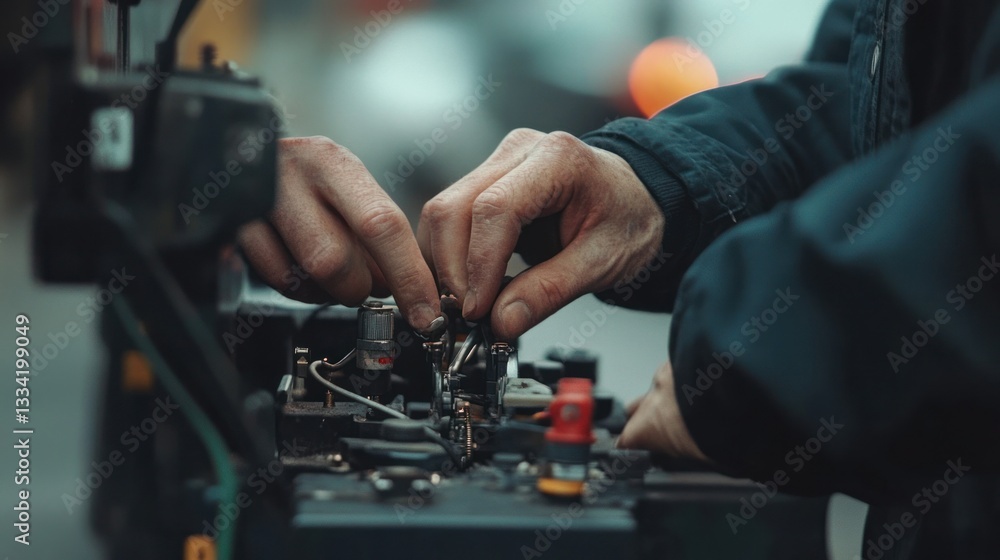 Close-up of hands meticulously working on intricate camera equipment. Close-up of hands meticulously working on intricate camera equipment.