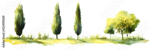 Watercolor Landscape: Italian Cypress Trees and Lush Greenery